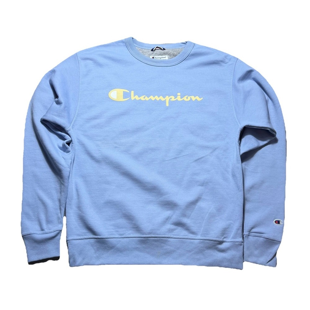 Champion Script Logo Crewneck Sweatshirt Light Blue Oversized Fit M